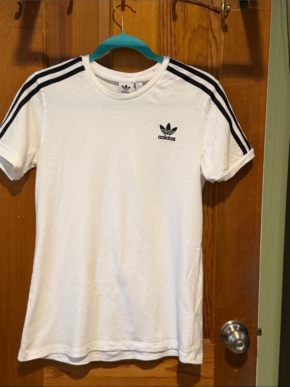 adidas White Tee with Black Three-Stripe Shoulder Detail